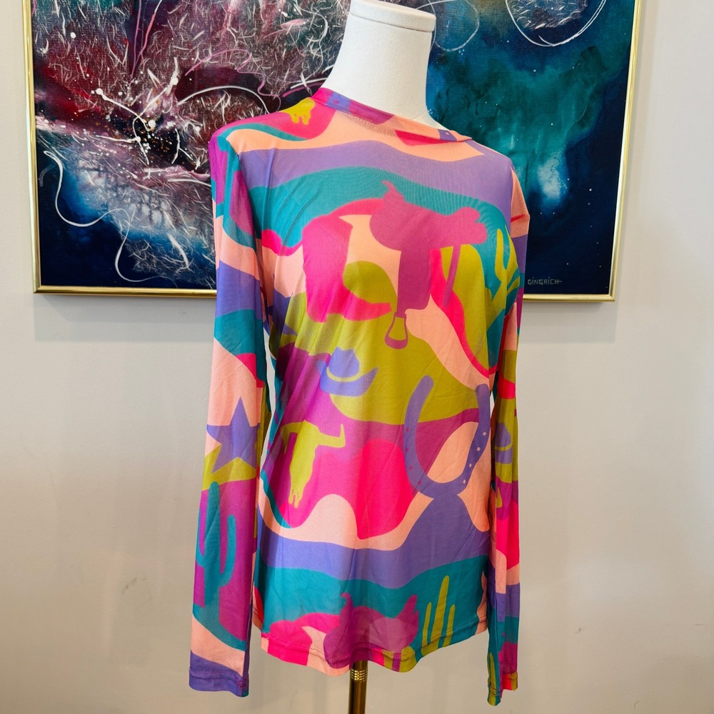 Two Fly Co Womens Small Western Mesh Top Long Sleeve Multicolor Cowboy Print NWT